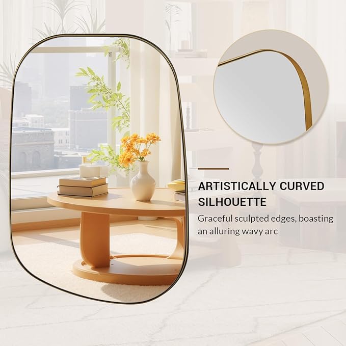 ANDY STAR Gold Bathroom Mirror, 22"x30" Brushed Brass Asymmetrical Wall Mirror in Stainless Steel Metal Frame, Unique Vanity Mirror with Modern Curved Design, Ideal for Bathroom, Bedroom, Entryway