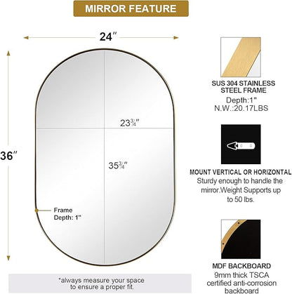 ANDY STAR Gold Oval Mirror, 24’’x36’’ Brass Mirror for Wall, Oval Mirrors for Bathroom in Stainless Steel Metal 1’’ Thin Frame Pill Shaped Hangs Vertical or Horizontal Ideal for Limited Space