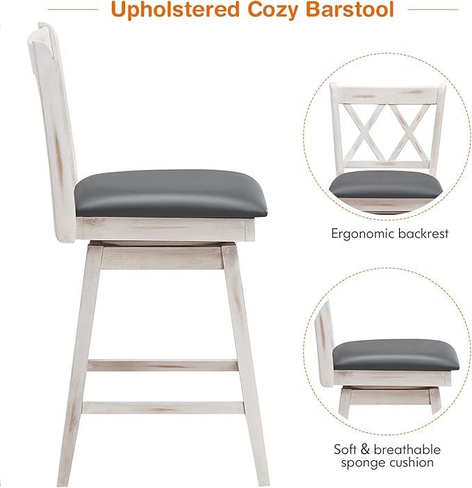 COSTWAY Bar Stool Set of 4, 360 ° Swivel Counter Height 25inch Bar Stool with Foot Rest Upholstered Cushion & Ergonomic Backrest, Sturdy Frame, for Pub, Kitchen Islands (4, Antique White + Grey)