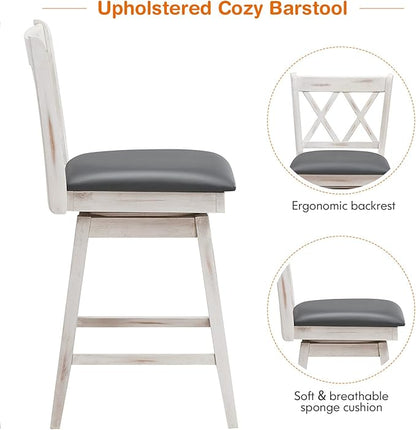 COSTWAY Bar Stool Set of 2, 360° Swivel Counter Height 25inch Bar Stool with Foot Rest Upholstered Cushion & Ergonomic Backrest, Sturdy Frame, for Pub, Kitchen Islands (2, Antique White + Grey)