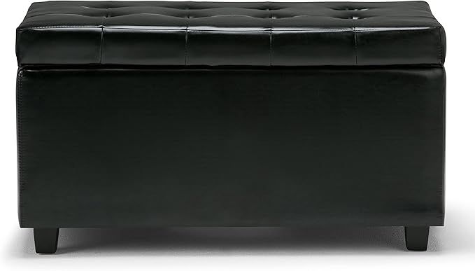 SIMPLIHOME Cosmopolitan 34 inch Wide Transitional Rectangle Storage Ottoman in Midnight Black Vegan Faux Leather, Assembled, For the Living Room, Entryway and Family Room