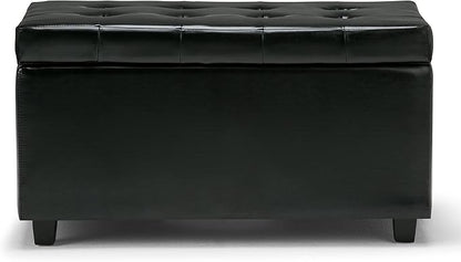 SIMPLIHOME Cosmopolitan 34 inch Wide Transitional Rectangle Storage Ottoman in Midnight Black Vegan Faux Leather, Assembled, For the Living Room, Entryway and Family Room