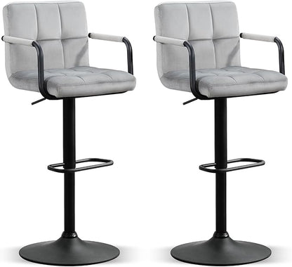 Furniliving Bar Stools Set of 2 with Armrest, Adjustable Square Velvet Barstools for Kitchen Counter, 360°Swivel Counter Barstools for Dining Room(Grey)