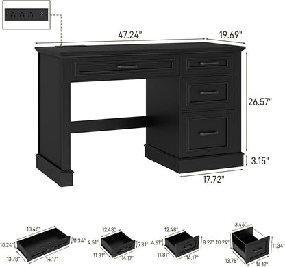 Vabches Farmhouse 47" Executive Desk, Computer Desk with Drawers and File Drawer, Workstation Computer Desk with Charging Station for Home Office, Study,Pure Black.