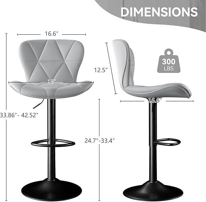 Bar Stools Set of 3,Adjustable Swivel Barstools, Faux Leather Bar Chairs,Upholstered Counter Height with High Backrest for Kitchen Island, Light Grey