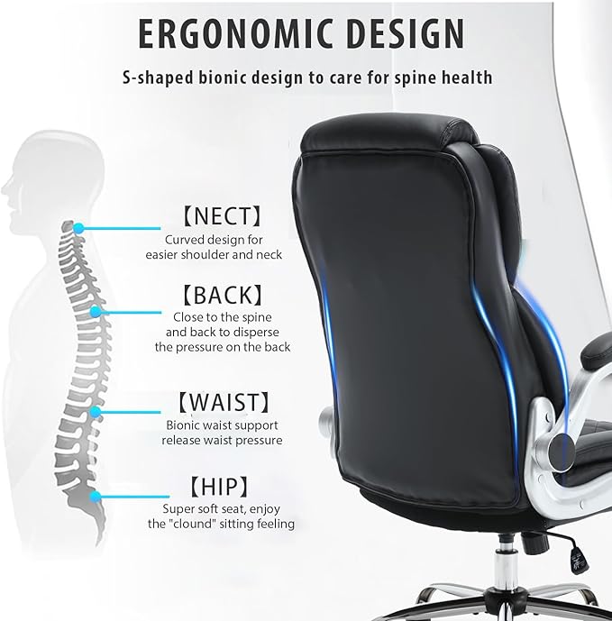 Executive Office Chair, High Back Faux Leather Ergonomic Office Desk Chairs with Wheels, 90-120° Rocking Managerial Swivel Home Computer Chairs with Flip up Arms Lumbar Support(Black)