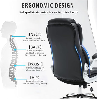 Executive Office Chair, High Back Faux Leather Ergonomic Office Desk Chairs with Wheels, 90-120° Rocking Managerial Swivel Home Computer Chairs with Flip up Arms Lumbar Support(Black)