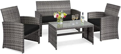 COSTWAY Patio Furniture Set 4 Pieces, Outdoor Wicker Chairs Sofa w/Coffee Table and Soft Cushions, Rattan Conversation Sets for Patio Lawn Backyard Yard Pool Garden, Black