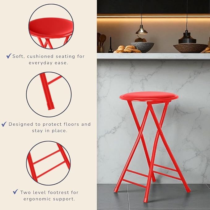 Folding Stool - Backless 24-Inch Stool with 225lb Capacity for Kitchen or Rec Room - Portable Indoor Counter Bar Stools by Lavish Home (Red)