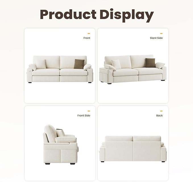 89" Loveseat Sofa, Cloud Foam Couch, 3 Seater Upholstered Midcentury Mondern Love Seat with USB Type C Ports, 4 Pillows and Flip-Open Storage Armrest for Living Room/Small Spaces, Beige