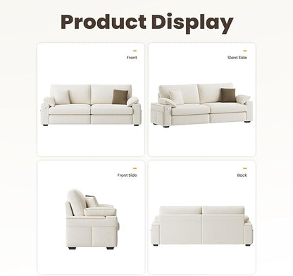 89" Loveseat Sofa, Cloud Foam Couch, 3 Seater Upholstered Midcentury Mondern Love Seat with USB Type C Ports, 4 Pillows and Flip-Open Storage Armrest for Living Room/Small Spaces, Beige