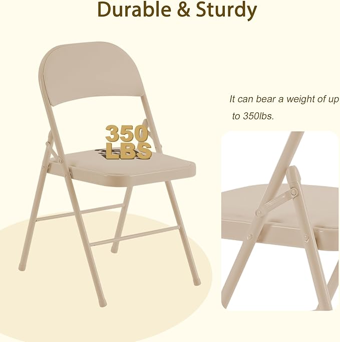 4 Pack Khaki Folding Chairs with Padded Cushion and Back, Portable Duty Metal Frame Commercial Seat, Foldable Indoor Outdoor Chairs for Office Party Events Kitchen Dinning Wedding, 330-LBS Capacity