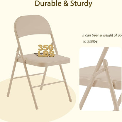 4 Pack Khaki Folding Chairs with Padded Cushion and Back, Portable Duty Metal Frame Commercial Seat, Foldable Indoor Outdoor Chairs for Office Party Events Kitchen Dinning Wedding, 330-LBS Capacity