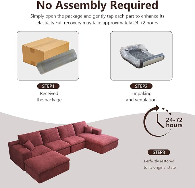 136.6'' U-Shaped Modern Modular Sectional Cloud Couch Whit Ottoman, 4-Seat Chenille Deep-Seat Sofa with Pillow for Living Room, Bedroom, Apartment, Wine Red