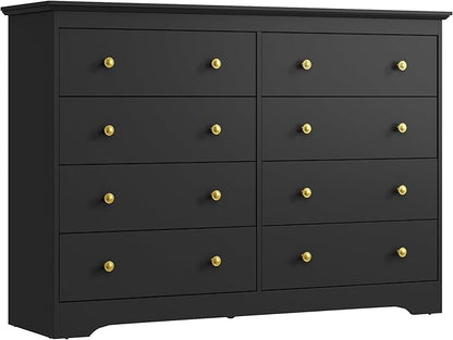 Black Dresser for Bedroom, 8 Drawer Dresser with Large Drawers, 55 Inch Wide Wood Chest for Living Room, Hallway