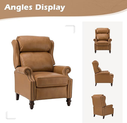 HULALA HOME Genuine Leather Recliner Chair, Traditional Manual Pushback Comfy Seating for Living Room, Thick Cushion & Solid Wood Legs, Wingback Recliner with Nailhead Trim, Camel