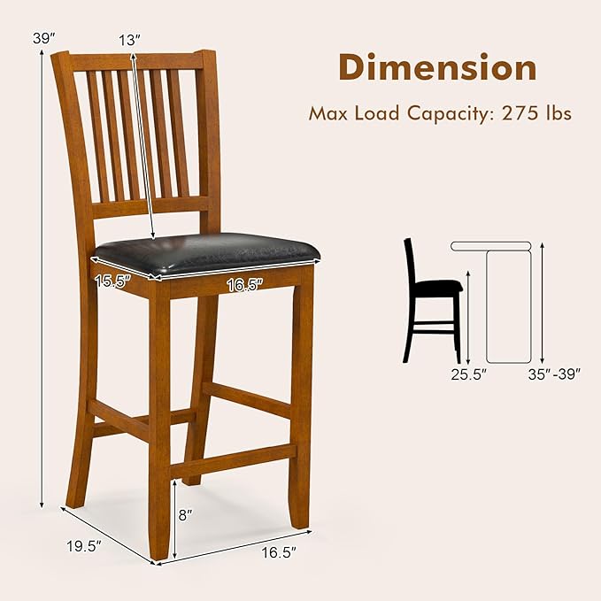 COSTWAY Bar Stools Set of 2, 25.5” Counter Height Bar Stool with Backrest, Padded Seat, Footrest & Rubber Wood Frame, for Kitchen Island, Pub & Restaurant (2)