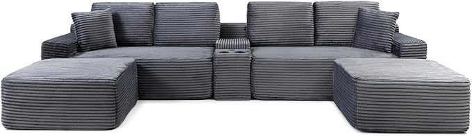 150" Oversized Modular Sectional Sofa,Deep Seat Cloud Corduroy Boneless Couch with Cup Holders,USB Ports, Wireless Charging & Storage Box,Upholstered Modular Sleeper Sofa for Living Room (Grey)