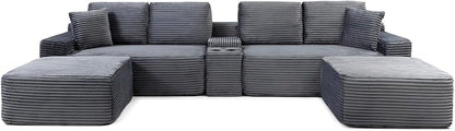 150" Oversized Modular Sectional Sofa,Deep Seat Cloud Corduroy Boneless Couch with Cup Holders,USB Ports, Wireless Charging & Storage Box,Upholstered Modular Sleeper Sofa for Living Room (Grey)