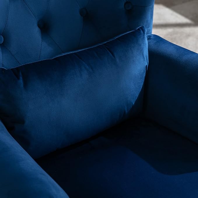 Accent Reading Arm Chairs with Ottoman for Living Room Bedroom, Midcentury Modern Comfy Corner Sofa Chair, Wingback Waiting Room Club Chair with Button Tufted Back &Lumbar Pillow, Velvet Blue