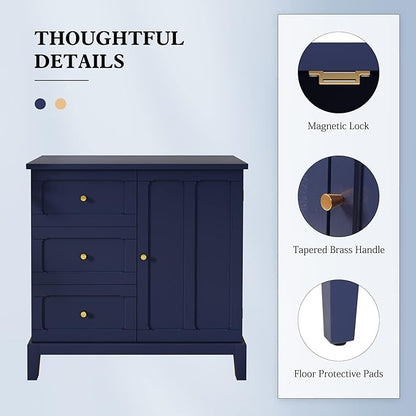 HLR Accent Cabinet with 3 Drawers and Door, Wooden Storage Cabinet with Shelves, Sideboard for Living Room, Entryway, Navy Blue