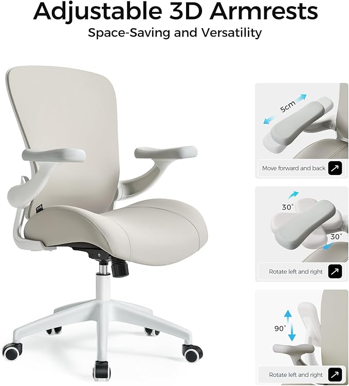 EUREKA ERGONOMIC Leather Desk Chair, PU Leather Office Chair with Wheels and 3D Adjustable Armrests, Executive Office Chair, Ideal for Home and Office, Greige