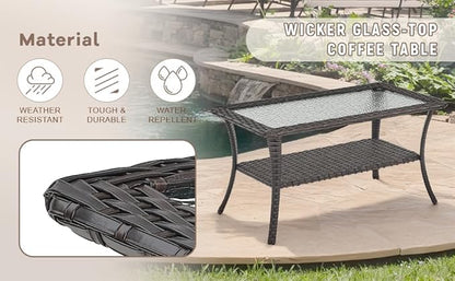 Swivel Patio Chairs sofa Set of 7 with 6" Thick Cushion - Wicker Outdoor Swivel Rocker Patio Chair ,Sofa/Glass coffee table, High Back Comfortable Outdoor Glider Chairs - Brown Wicker Beige Cushions