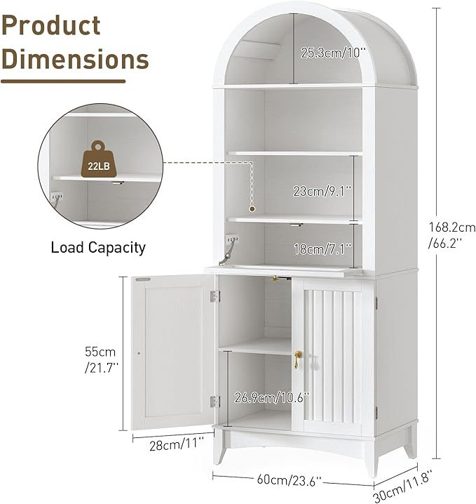 66" Tall Bathroom Storage Cabinet with Flip Drawer, Freestanding Storage Cabinet with Doors & Shelves,Arched Cabinets for Bathroom, Living Room, Kitchen, Laundry, White