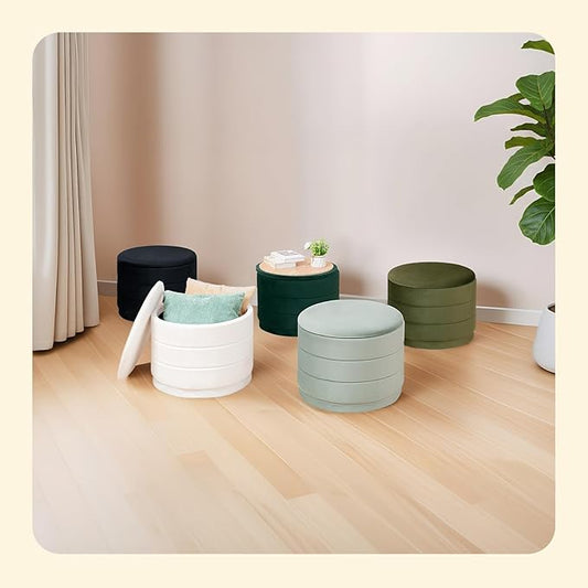 PINPLUS Large Round Velvet Storage Ottoman, Sage Upholstered Footstool with Hidden Storage, Sturdy Coffee Table Ottoman for Living Room & Bedroom