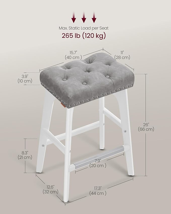 VASAGLE Bar Stools Set of 2, Saddle Counter Height Bar Stools, 26-Inch Backless Kitchen Stools with Wood Legs, PU Leather Thickened Upholstered Barstools for Kitchen Island Dining Room, Dove Gray