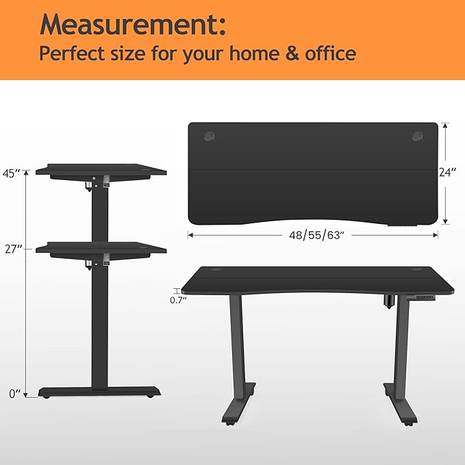 Electric Adjustable Standing Desk with Wheels, 63'' x 24''Sit Stand Desk with Dual Crossbeam Structure and Mouse Pad, 27''-46'' Lifting Range Table with Ergonomic Arc Desktop (Black Arc)