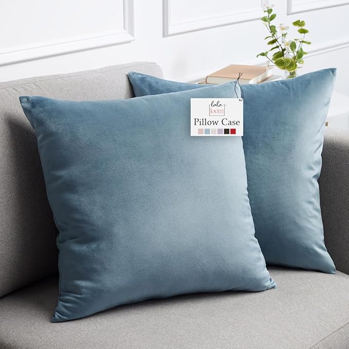 lalaLOOM Velvet Throw Pillow Covers, Set of 2, 24x24 Decorative Square Pillows Home Decor, Soft Accent Cases, Silky Machine Washable Pillowcases for Sofa, Couch, Bedroom, Living Room, Stone Blue