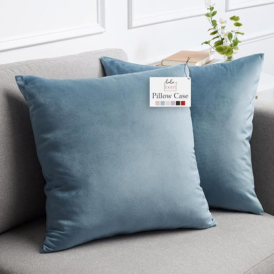 lalaLOOM Velvet Throw Pillow Covers, Set of 2, 20x20 Decorative Square Pillows Home Decor, Soft Accent Cases, Silky Machine Washable Pillowcases for Sofa, Couch, Bedroom, Living Room, Stone Blue