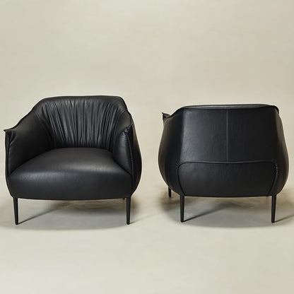 KINWELL 33" W Faux Leather Barrel Chairs Set of 2 with Hand-Tufted Pleated Back Flared Arms, Modern PU Upholstered Accent Chairs with Metal Legs, Large Armchairs Lounge Chairs for Living Room, Black