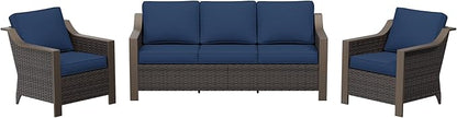 3 Pieces Outdoor Patio Conversation Furniture Set - 75" 3-seat Sofa | 2 Wicker Chairs, Deep Seat Couch, Removable Cushions, PE Rattan, Metal armrests, Yard (Navy Blue)