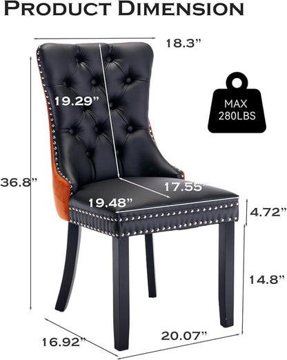 PU Upholstered Dining Chairs Set of 6, Modern Style Kitchen Side Chairs with Nailhead Trim and Wood Leg, Metal Pulling Ring for Dining Room Living Room(Black&Orange,Set of 6)