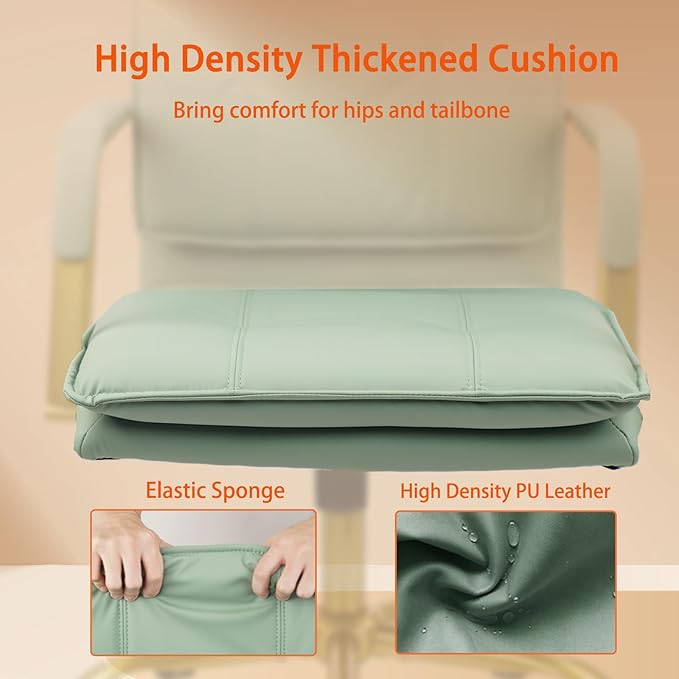 CLATINA Leather Home Office Desk Chairs, Swivel Mid-Back Computer Chair with Golden Legs and Arms, Comfy Upholstered Task Chair with Wheels, Green