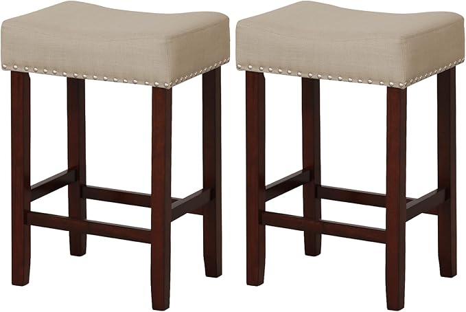 COSTWAY Counter Height Bar Stools Set of 2, 25-inch Backless Saddle Stools with Nailhead Trim, Rubber Wood Frame, Footrest, Max Load 330 Lbs, Upholstered Barstools for Kitchen Island Pub, Beige