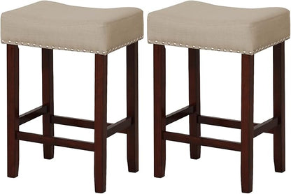 COSTWAY Counter Height Bar Stools Set of 2, 25-inch Backless Saddle Stools with Nailhead Trim, Rubber Wood Frame, Footrest, Max Load 330 Lbs, Upholstered Barstools for Kitchen Island Pub, Beige