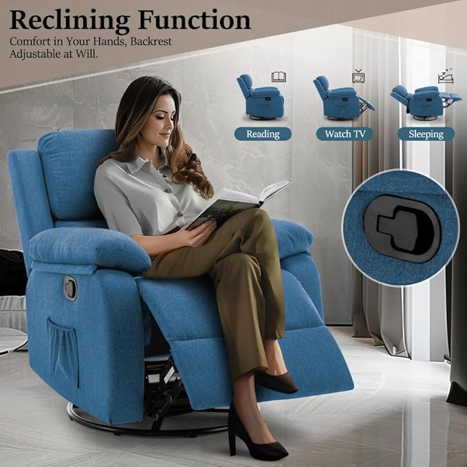 Recliner Chair, 360 Swivel Rocker Chair for Adults, Small Rocking Recliner Chair for Small Spaces, Upholstered Fabric Glider Recliner Nursery Chair with Side Pockets for Living Room, Nursery