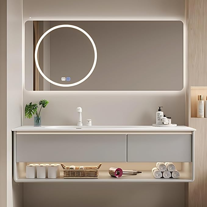 52IN Grey Bathroom Vanity Set - Floating Bathroom Vanity with Single Sink | Including LED Smart Defogging Mirror Cabinet & Time Display Function, Equipped with Motion Sensing Light Strip (Style B)