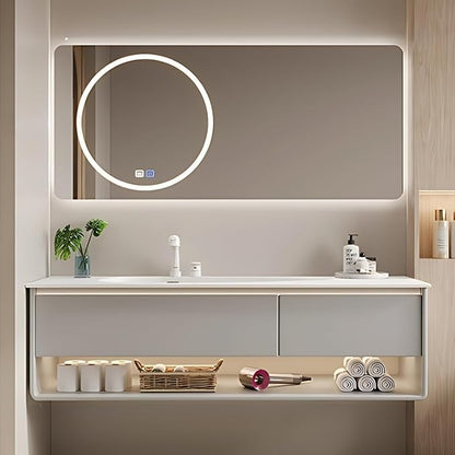 52IN Grey Bathroom Vanity Set - Floating Bathroom Vanity with Single Sink | Including LED Smart Defogging Mirror Cabinet & Time Display Function, Equipped with Motion Sensing Light Strip (Style B)