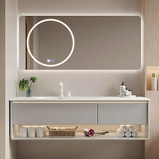 52IN Grey Bathroom Vanity Set - Floating Bathroom Vanity with Single Sink | Including LED Smart Defogging Mirror Cabinet & Time Display Function, Equipped with Motion Sensing Light Strip (Style B)