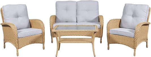 HUMMUH 4-Piece Patio Furniture Wicker Outdoor Conversation Set,All-Weather Rattan Outdoor Bistro Set with Loveseat Chairs Coffee Table for Backyard,Poolside,Deck
