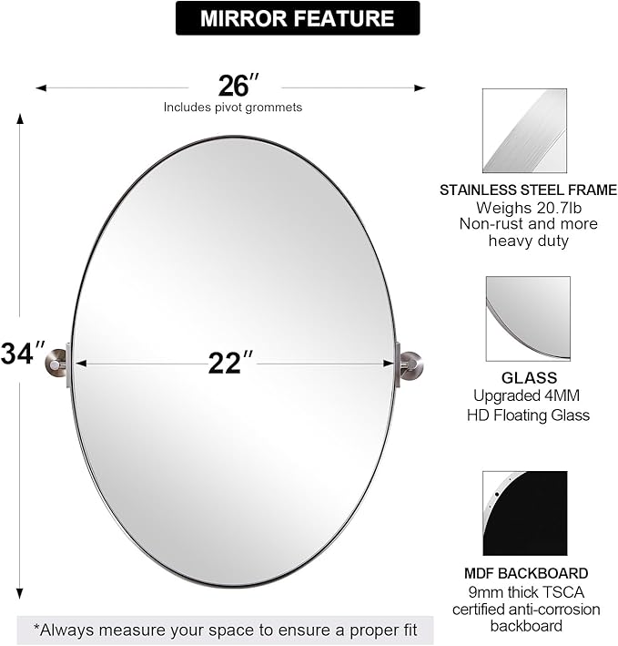 ANDY STAR Brushed Nickel Bathroom Mirror, 22 x 34 Inch Oval Pivot Mirror for Wall, Unique Farmhouse Tilt Mirror in Slim Silver Stainless Steel Metal Frame for Bedroom, Powder Room