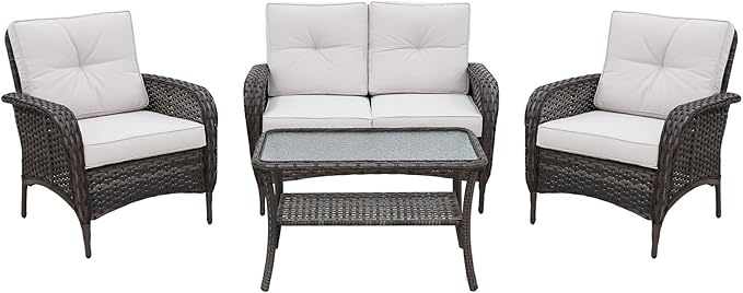 COOS BAY Vintage Courtyard Patio Furniture Set, Wicker Outdoor Furniture, Patio Conversation Sets, 2 Chairs, Loveseat and Coffee Table, 4 Pieces, Gray/Beige