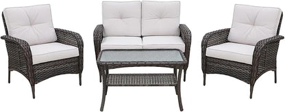 COOS BAY Vintage Courtyard Patio Furniture Set, Wicker Outdoor Furniture, Patio Conversation Sets, 2 Chairs, Loveseat and Coffee Table, 4 Pieces, Gray/Beige