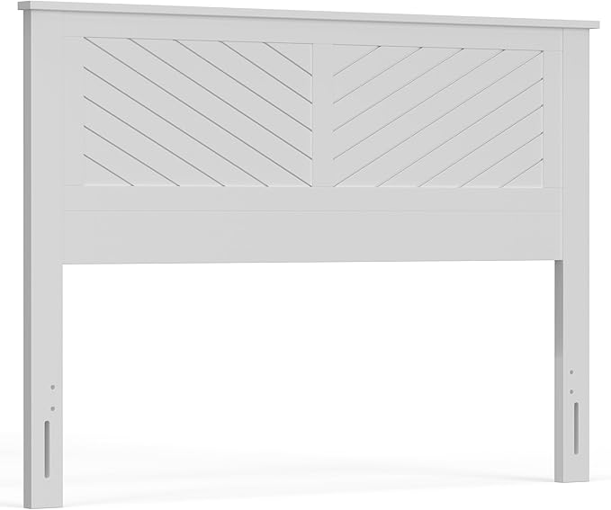 Serene Poplar Wood Queen Size Headboard in White, Modern Farmhouse Panel with Chevron Scoring, Casual Coastal Style, Easy Assembly, Quality Materials