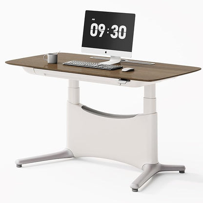 COLAMY Electric Standing Desk, Whole-Piece Gaming Desk with Dual Motors, Ergonomic Footrest, Drawers for Storage, Adjustable Height Sit-Stand Desk for Home Office (Veneer Desktop, Walnut + White)