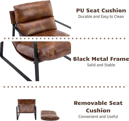 HEAH-YO Modern Accent Chairs Set of 2, PU Faux Leather Living Room Chairs with Removable Cushion and Solid Metal Frame, Comfy Reading Chairs for Bedroom, Brown